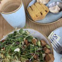 Almond latte, vegan caesar and corn bread (sadly, they don't have corn bread anymore)  at Fresh Sherway in Toronto