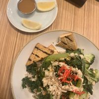 Goddess Bowl with Tahini ginger dressing hot sauce on the side   at Fresh Sherway in Toronto