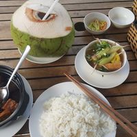 sour soup (canh chua), braised tofu and mushrooms (dau hu nam kho) and steamed rice.  at Hoa Khai in Ho Chi Minh City