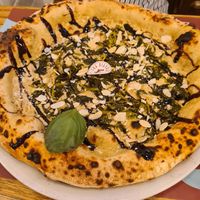 PORCINO STAMMI VICINO. Cream of porcini mushrooms, Friarielli, Shaved almonds, 
Balsamic glaze, Basil, Extra Virgin Olive Oil at Fra Diavolo in Genoa