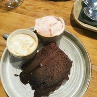 Chocolate fudge cake and vegan ice-cream at The Dairy in Larne