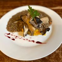 Lenticchie in umido con purè di patate alla zucca e funghi cardoncelli cotti in * CBT  at Hosteria della Pignatta in Binasco