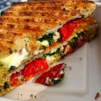 veggo pesto toastie! sundried tomatoes, mushrooms, spinach, cheeze mmm at Earth to Body Cafe in Croydon