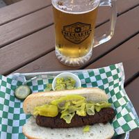 Field Roast vegan sausage and pepperoncinis  at Biergarten in Santa Barbara