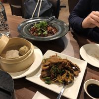 ‚beef‘ in chili oil (in the back), stir fried ‚lamb‘, and the last of three ‚pork‘ dumplings on the left   at Vegan Planet in North West London