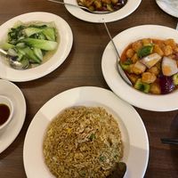 Pak choi, special fried rice, king pao chick’n, and sweet and sour chick’n  at Vegan Planet in North West London