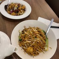 Special noodles and Kung pao “chicken "  at Vegan Planet in North West London