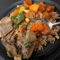 Full plate of Chinese vegan goodness (with veggie rice) at Vegan Planet in North West London