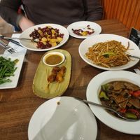Stirfry french beans, Peppercorn 'chicken', 'Chicken' satay, Special Fried Noodles, Black Bean Vegan Beef at Vegan Planet in North West London