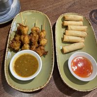 Satay fake chicken skewers and spring rolls  at Vegan Planet in North West London