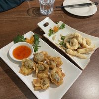 Fried wontons and salt and pepper fried shrimp  at Vegan Planet in North West London