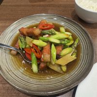 Asparagus and ‘beef'  at Vegan Planet in North West London