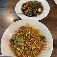 Noodles, and black bean "beef" at Vegan Planet in North West London