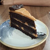 Chocolate caramel cake at Vegan Planet in North West London