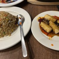 Tofu in black bean sauce with special fried rice.   at Vegan Planet in North West London