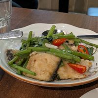 STIR-FRIED MORNING GLORY WITH VEGAN FISH 素魚燒空心菜 at Vegan Planet in North West London