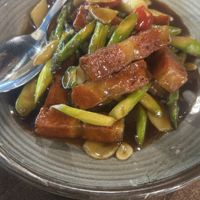 Asparagus and “pork” chops  at Vegan Planet in North West London