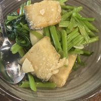 Fried “fish” and sea spinach  at Vegan Planet in North West London