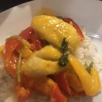 Another picture of same meal. Peppers and bananas with rice and a delicious thick sauce on top   at Barcaxeira Porto de Galinhas in Ipojuca
