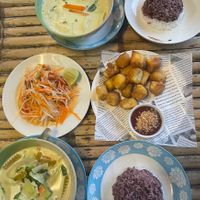 Papaya salad, fried tofu and green curry with rice😄  at K.C. Kitchen in Koh Phangan