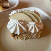 Tres Leches cake with the seasonal fruit: pears at Fiction Kitchen in Raleigh