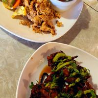 Southern platter with hush puppies and squash fritters with mint sauce at Fiction Kitchen in Raleigh