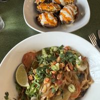 Peanut noodle bowl and twice baked potatoes (I think). Wasn’t a huge fan of the potato skins    at Fiction Kitchen in Raleigh