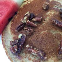 Vegan gluten free pancake (1 of 3) with fresh seasonal fruit and nuts  at Fiction Kitchen in Raleigh