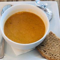 Traditional Lentil soup (what's in the foil is half a lime) at La Poire in Alexandria