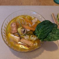 Ramen with rice noodles, tofu, mushrooms and spinach at A Corre Vexeta in Santiago De Compostela