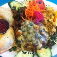 delicious brunch : empanadas with cranberry chutney, chili beans, tofu scramble, 'sausage'...full of color and flavor!  at Pura Vida Bakery and Bystro in Las Vegas