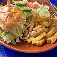 Vegan mozzarella crispy chicken burger
With fries and salad at Pura Vida Vegan Tacos in Antwerpen