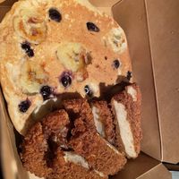 Tropical pancakes (banana, blueberry, chocolate chips) with fried “chicken”. Flavorful:)  at The Vegan Joint in Woodland Hills
