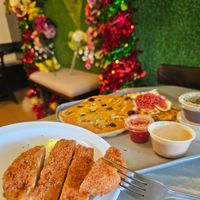 My half of our tropical pancakes & tofu scramble, fried chicken at The Vegan Joint in Woodland Hills