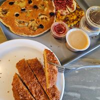 My half of our tropical pancakes & tofu scramble, fried chicken at The Vegan Joint in Woodland Hills