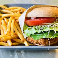 Chickun burger and the newly updated crispy fries✨delicious   at The Vegan Joint in Woodland Hills