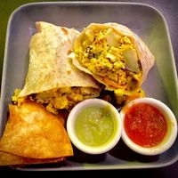 VJ Burrito (tofu scramble mix with onion, red bell pepper, cilantro, and monterey jack v. cheese with sweet potatoes) #Veganuary at The Vegan Joint in Woodland Hills