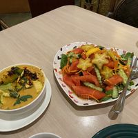 Pumpkin & Hearts of Palm Red Curry and Summer Mixed Fruit Salad   at Tina's Garden Gourmet Cafe in Hilo