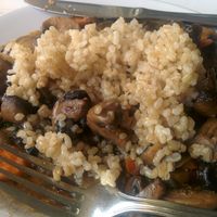 Sauteed mushrooms, vegetables over brown rice at Loving Hut - Sunset District in San Francisco