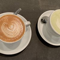 Matcha and flat white coffee   at St. Oberholz in Berlin