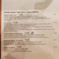 Carta vegana entrantes at Melitón Jardin in Altea