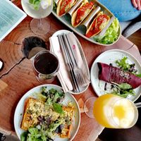 Pumpkin cheese (vegan) waffle, falafel wrap and jackfruit taccos at Energetic Life  in Stuttgart