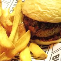 Feijoada Burger com acréscimo de batata canoa  frita at Vegan Ti Burguer  in Rio De Janeiro