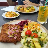 Pork chop, kluski in mushroom sauce, lemonade at Pod Przykrywką in Wroclaw