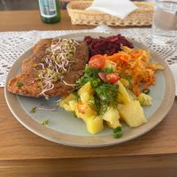 Soy cutlet with potatoes and salads at Pod Przykrywką in Wroclaw