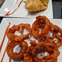 Anelli di cipolla e samosa at Royal Taj in Treviglio
