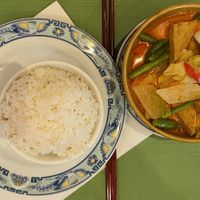 red curry with tofu, vegetables and rice  at Zhong Hua in Zurich