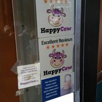 Happy Cow stickers! at Salsas Taco Bar in Santa Cruz