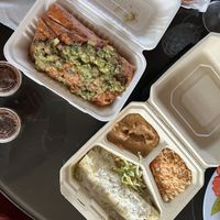 Chimichanga with beyond meat, and the Suisse enchilada “plate”, all animal-free!   at Salsas Taco Bar in Santa Cruz