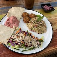 The daily plate special, today was a Mediterranean flavor with falafel, tabouli, hummus and a salad.  at Planeta Veggie in La Paz